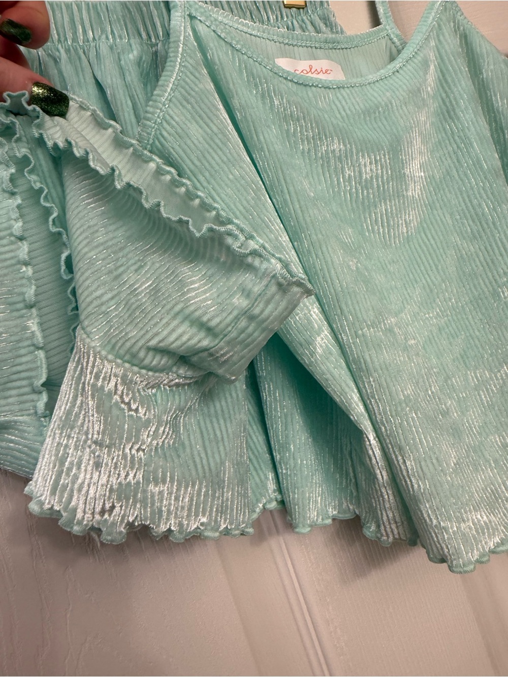 Colsie Mint Ribbed Velvet Cami & Short Set - Picture 5 of 7